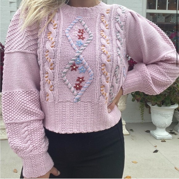 Loveshackfancy Leni Cableknit Crew Neck Pink Embroidered Sweater - Picture 8 of 11